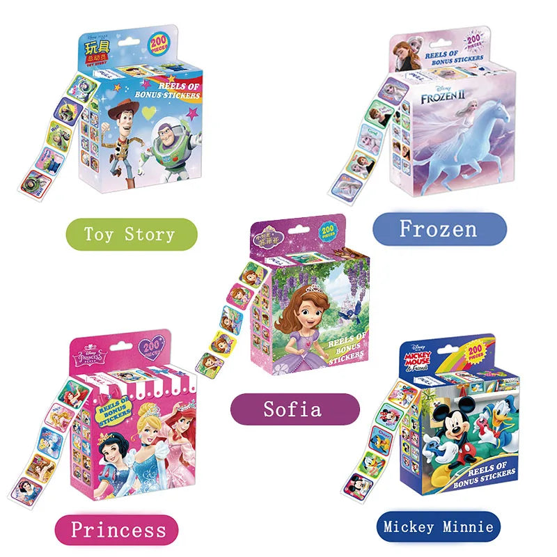 200Pcs/Box Disney Stickers Removable Cartoon Frozen Mickey Sofia Princess Sticker Kids Girl Children Teacher Reward Toys Gift