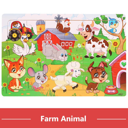 New 30 Pieces Wooden Puzzles Cartoon Animal Traffic Tangram Wood 3d Puzzle Montessori Educational Toys for Children Gifts