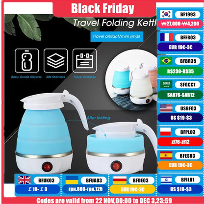 220V 0.6L Mini Folding Kettle Portable Water Heater 600W Silicone Compression Electric Kettle Home Kettle Easy To Travel