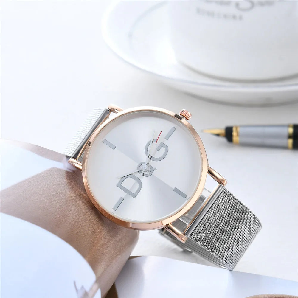 Simple Brand Lady Quartz Watch Luxury Ladies Glossy Scale Women Watches Fashion Silver Stainless Steel Mesh Belts Madam Gifts