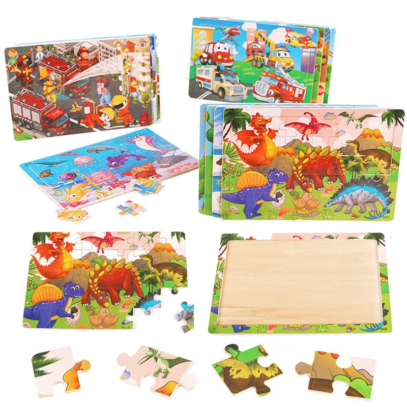 New 30 Pieces Wooden Puzzles Cartoon Animal Traffic Tangram Wood 3d Puzzle Montessori Educational Toys for Children Gifts