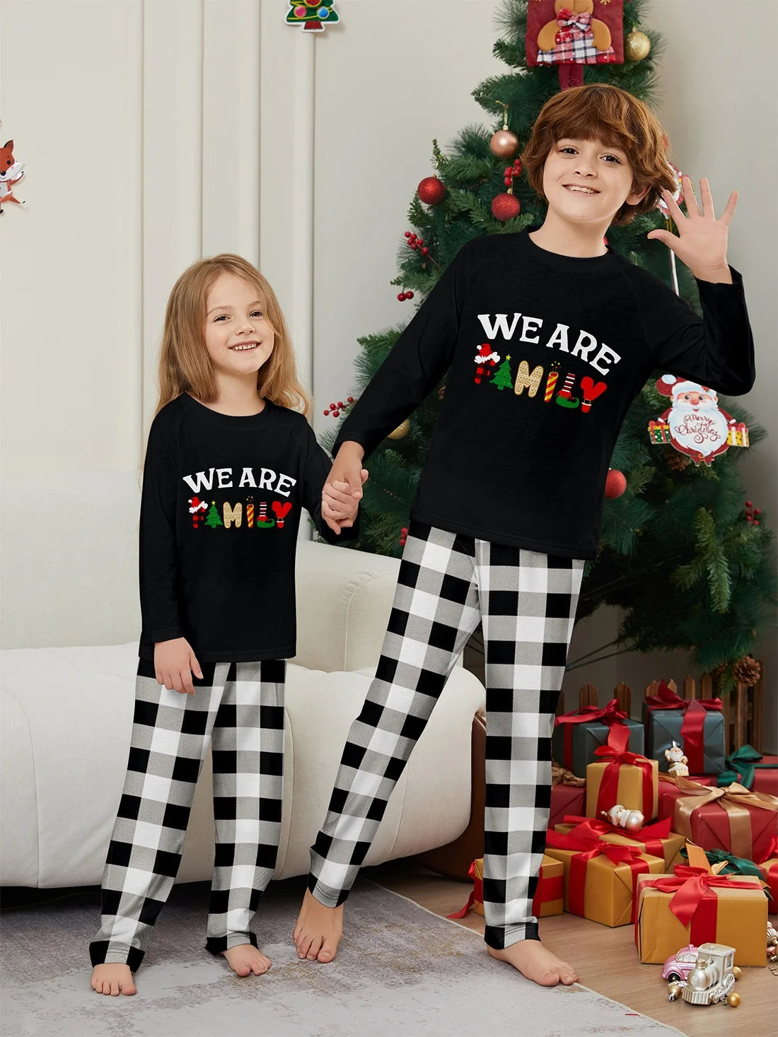 Christmas Family Outfit Happy Plaid Print Family Pajamas Adult Children Matching outfit 2 sets Casual cute baby & dog jumpsuit