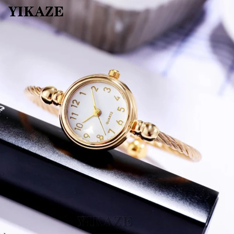 YIKAZE Small Gold Bangle Bracelet Luxury Watch Stainless Steel Retro Ladies Quartz Wristwatch Fashion Casual Thin Chain Watches