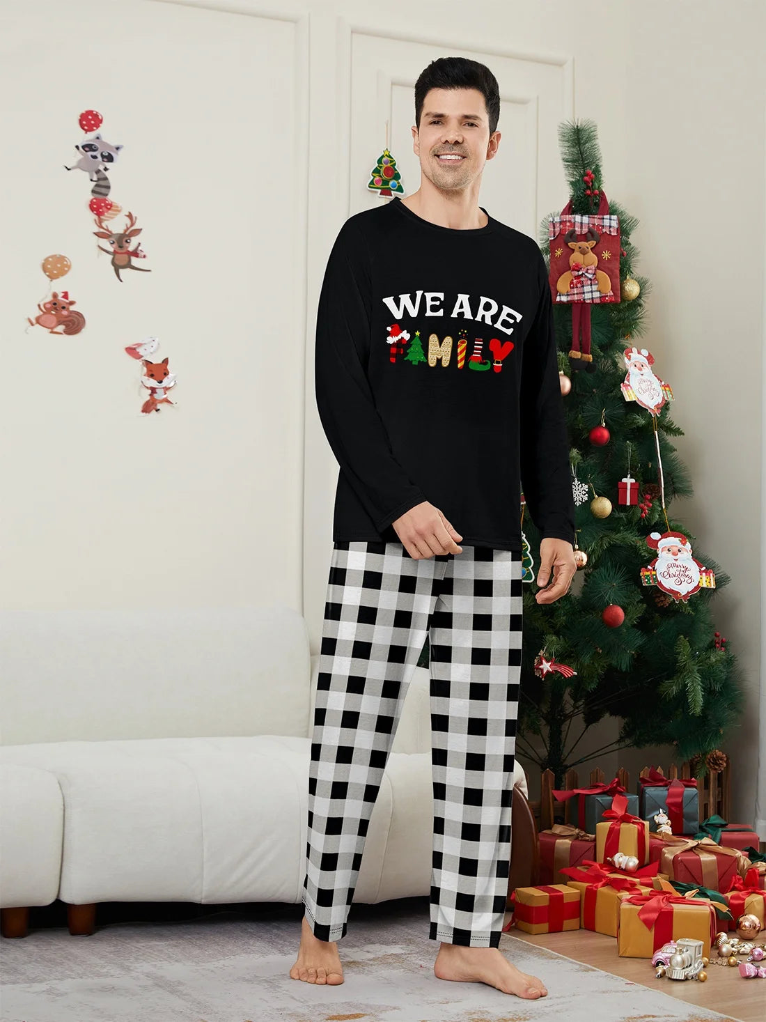 Christmas Family Outfit Happy Plaid Print Family Pajamas Adult Children Matching outfit 2 sets Casual cute baby & dog jumpsuit